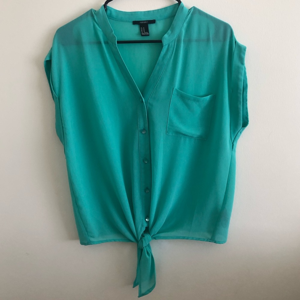 Forever 21 Sheer Button Down Turquoise/Teal